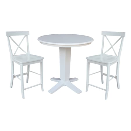 International Concepts 36 in. Solid Wood Round Top Pedestal Dining Table with 2 Counter Height Stools in White K08-36RT-23B-S6132-2